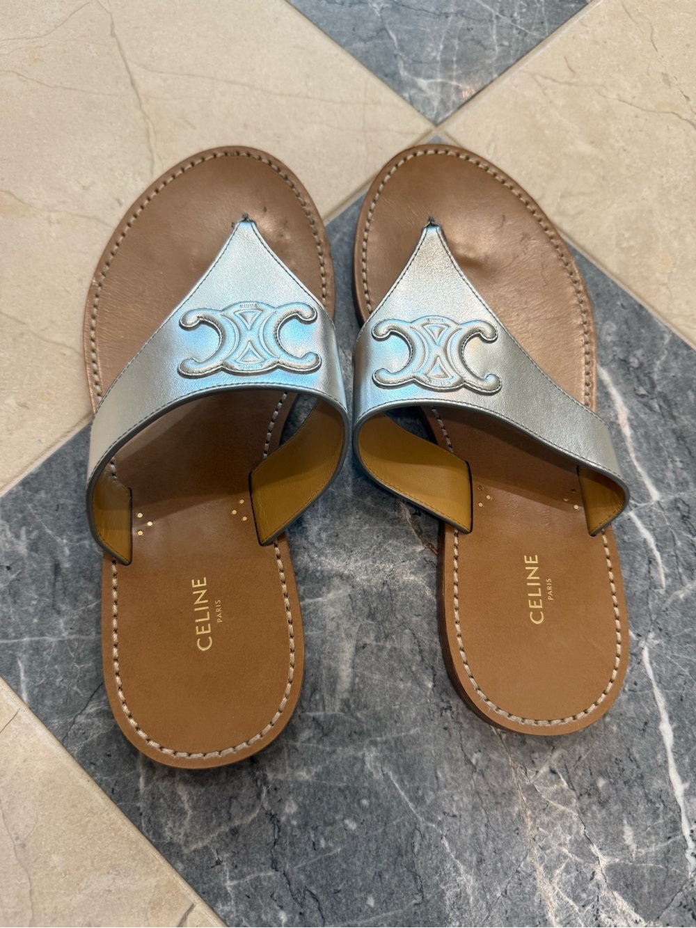 Celine Metallic Silver Logo Thong Sandals